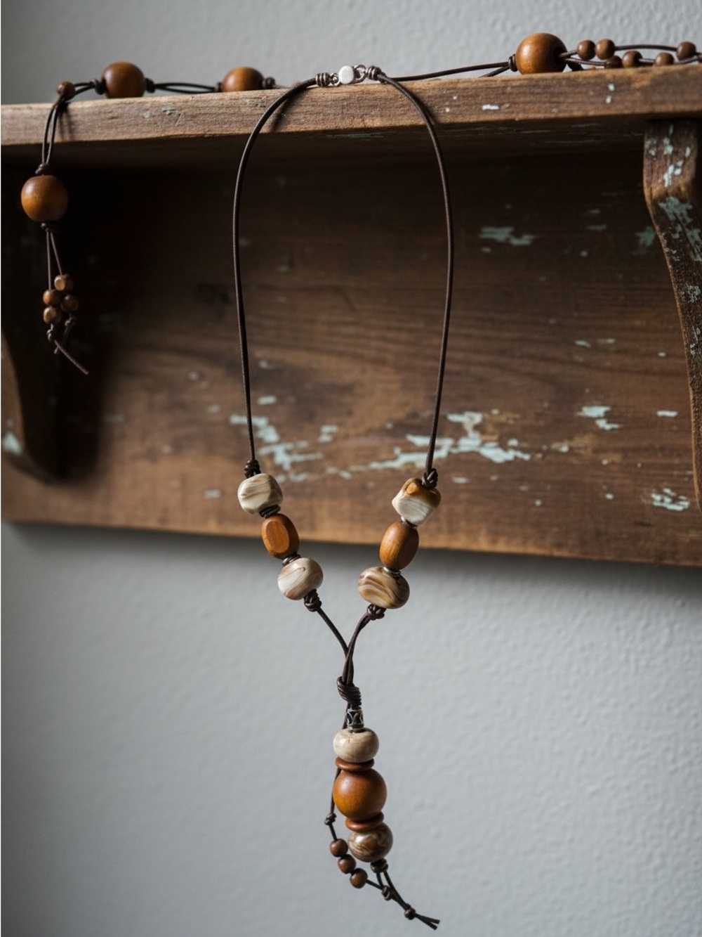 Bohemian Knotted, Double-Stranded, Adjustable, Beaded Necklace
Jasper/Agate/Wood